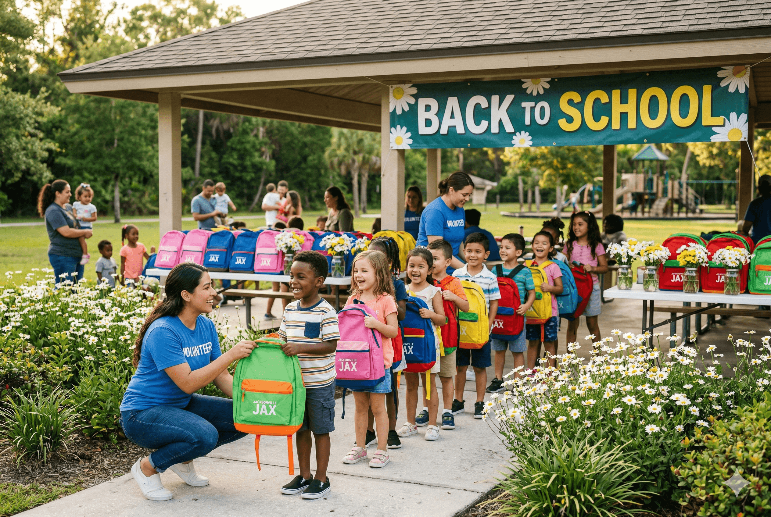 Volunteers distributing backpacks and school supplies to excited children at a community event