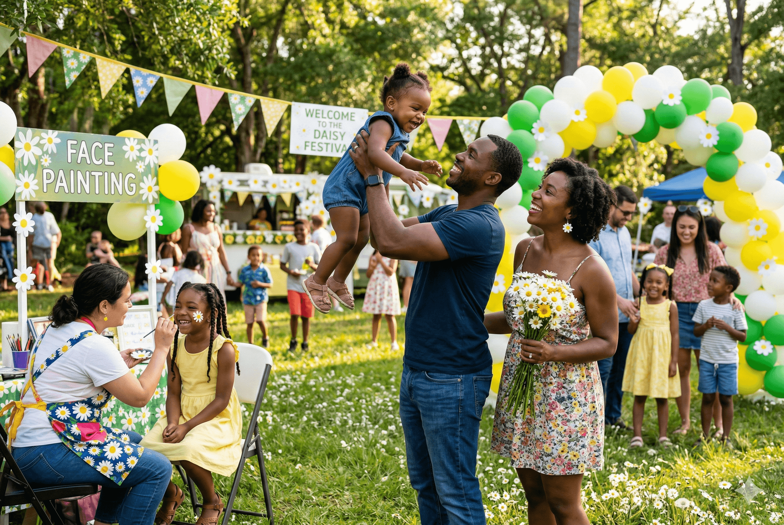 Family enjoying an outdoor community festival with daisy-themed decorations