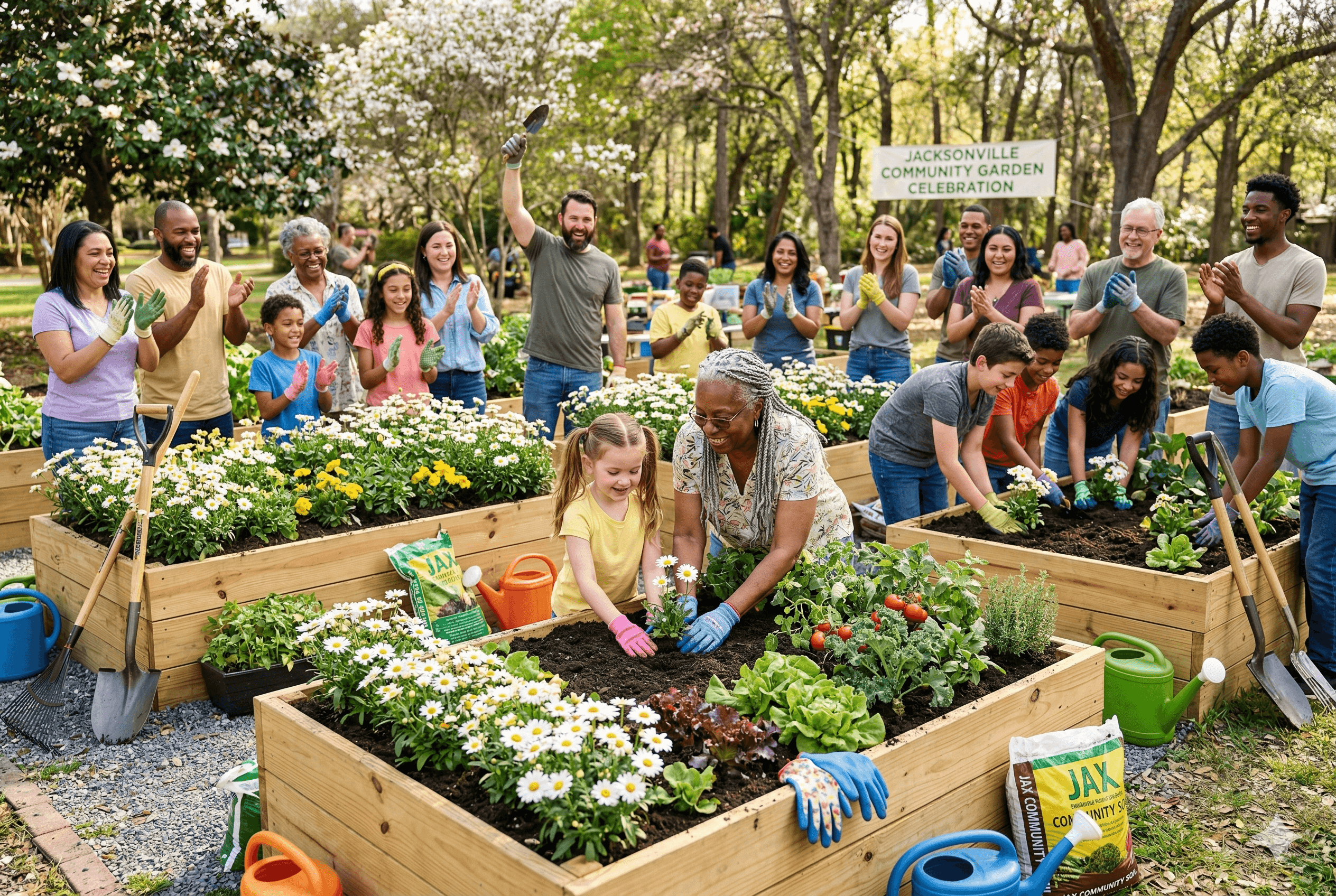 Community members of all ages planting daisy seedlings in raised garden beds on a sunny spring day